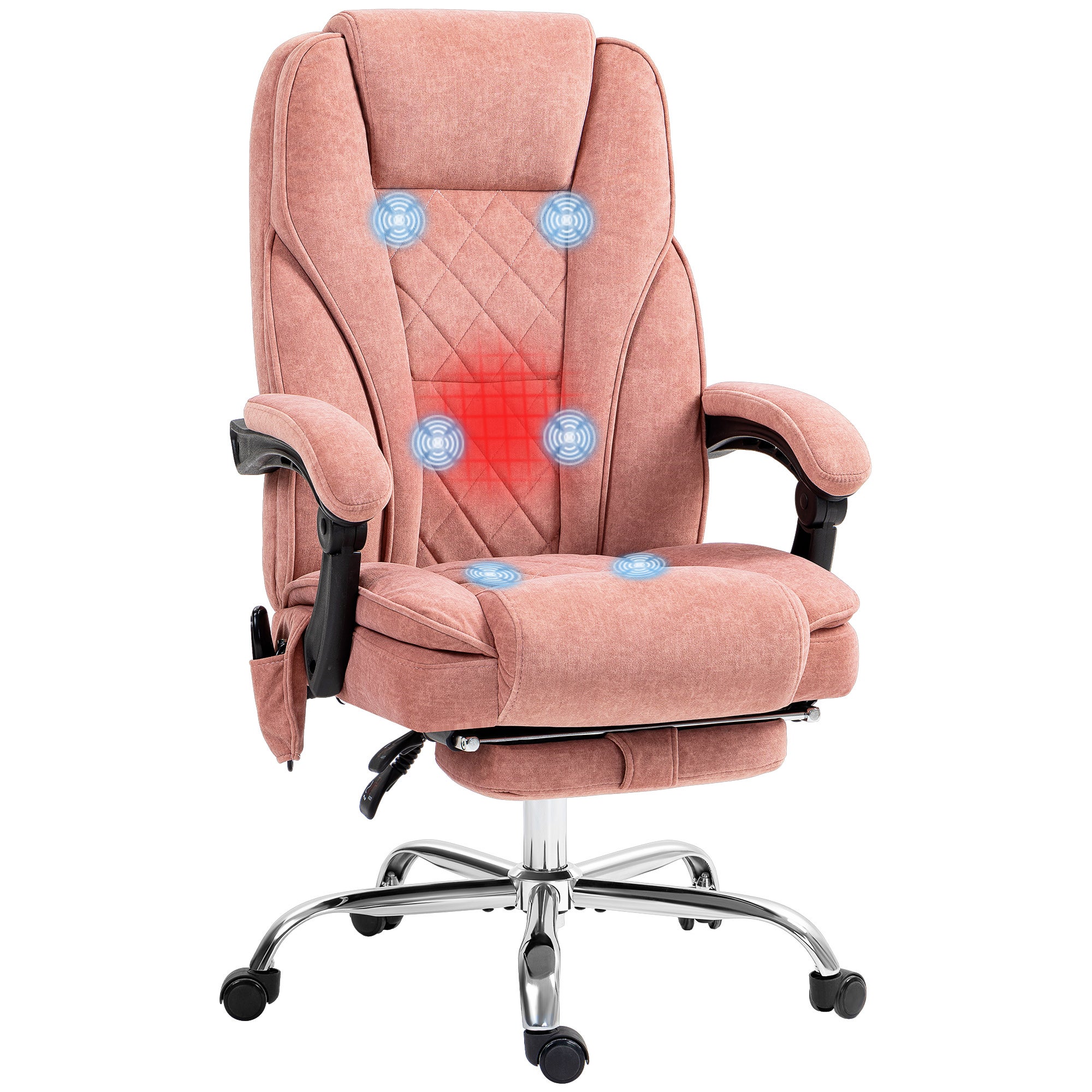 Ergonomiczny fotel biurowy z funkcją masażu, podnóżkiem, obrotowy, kółka, różowy