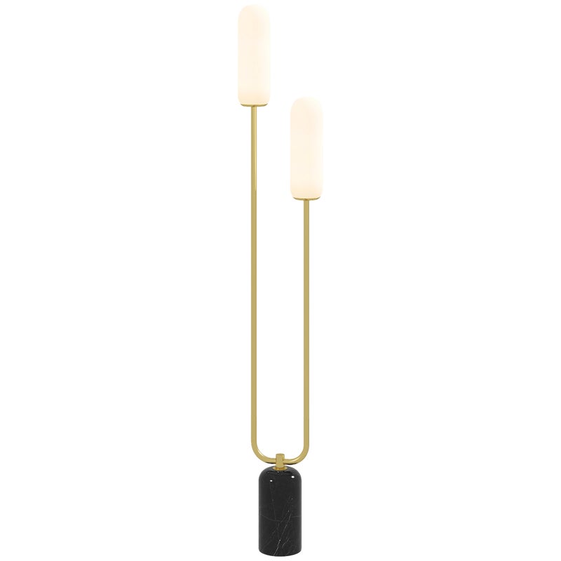 Lampa stojąca do salonu z 2 szklanymi kloszami, marmurową podstawą i przełącznikiem nożnym, biała