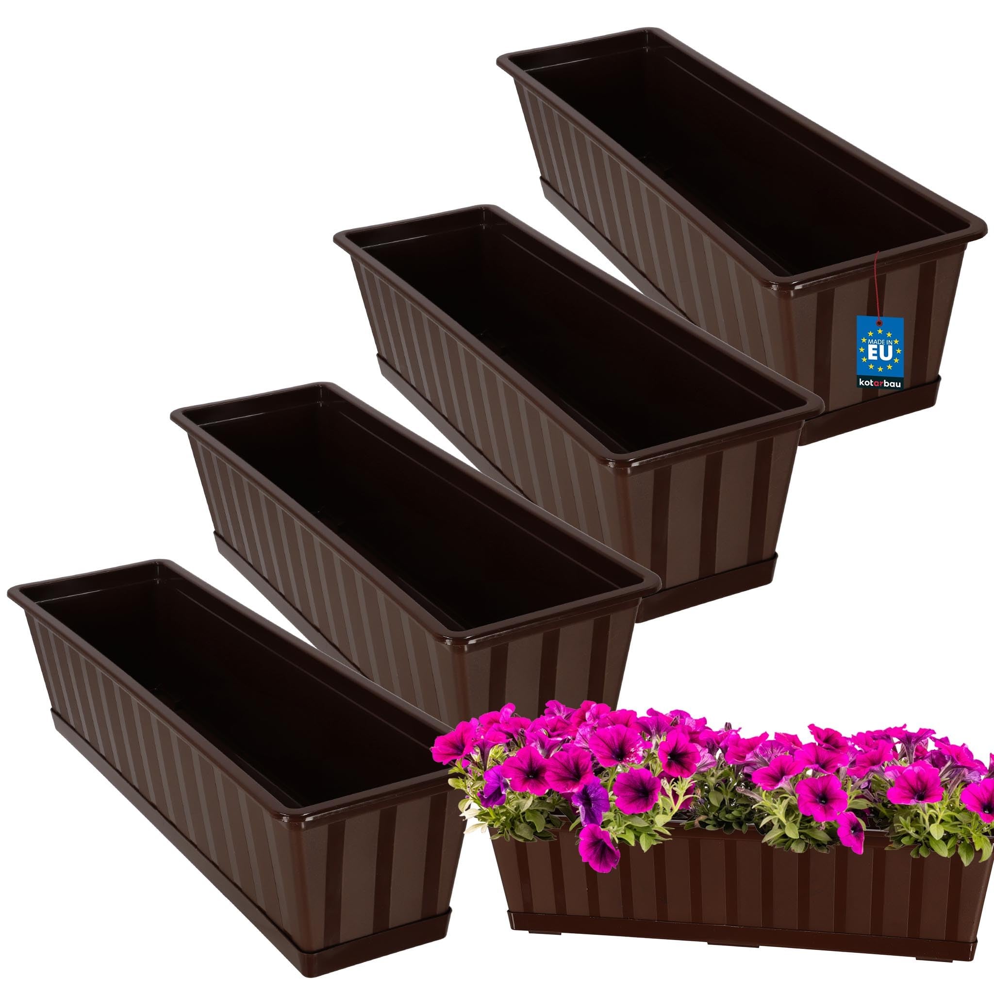 4 szt. Doniczka - Skrzynka Balkonowa - 60 x 18 x 14 cm - Skrzynia na Balustradę Balkon - Donica z Podstawką - Brąz KOTARBAU