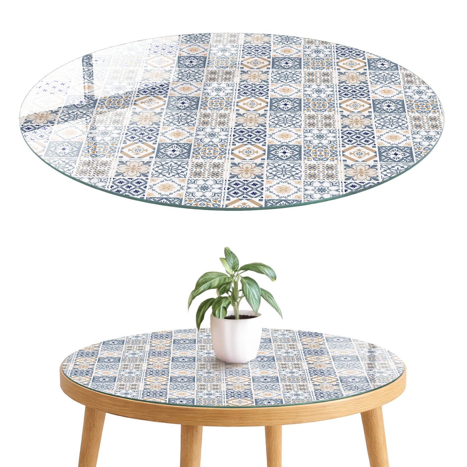 Szkło hartowane 4 mm z grafiką na blat - ozdoba mebli, ochrona i nowy wygląd fi80 cm Retro kafelki