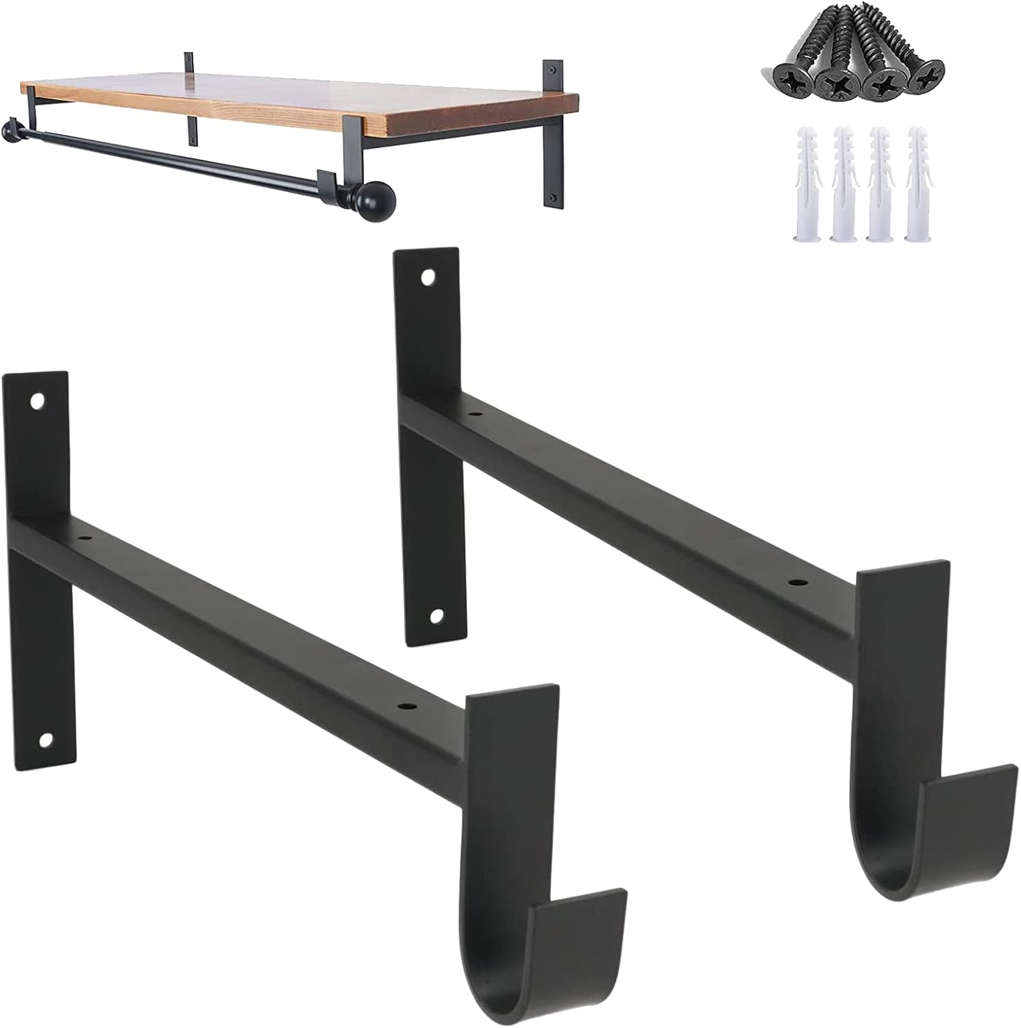 Wsporniki półkowe z haczykami, czarne 20 cm Wsporniki półkowe, 2 solidne wsporniki ścienne do półek żelaznych przemysłowych, czarne 20 cm