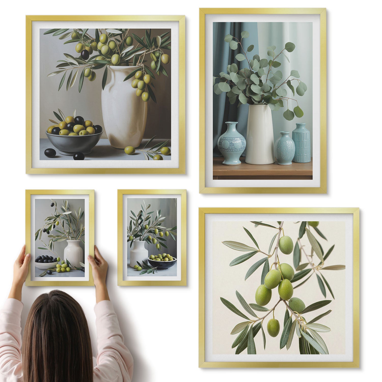 Galeria ścienna 5-częściowy komplet obrazów w złotych ramach - Zielone oliwki i kwiaty w stylu skandynawskim - ArtPrintCave