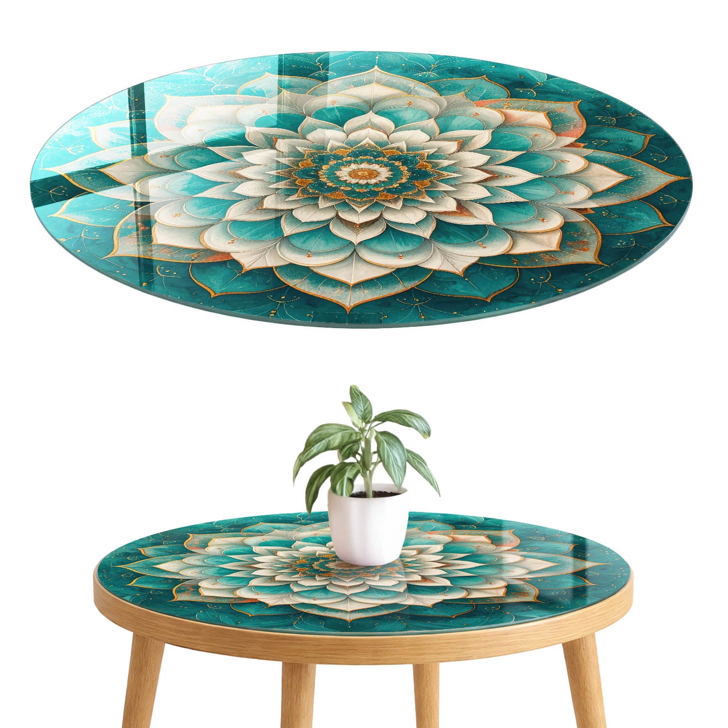 Blat ze szkła hartowanego 4 mm z grafiką - nowoczesna ozdoba wnętrza i mebli fi90 cm Mandala symetryczna