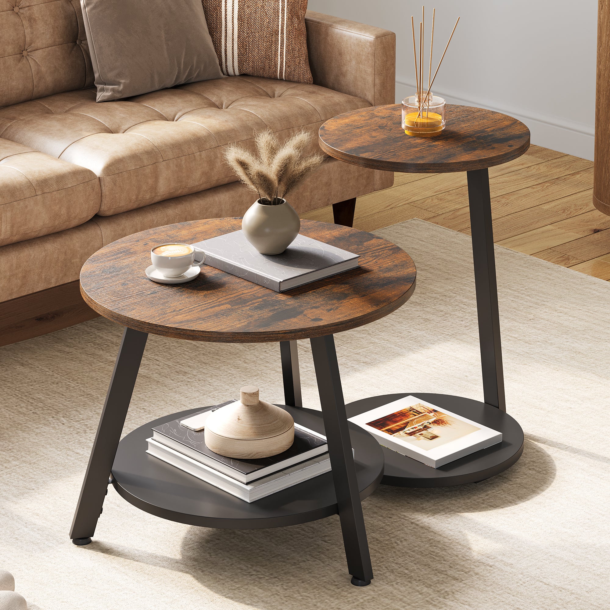 YITAHOME – zestaw 2 stolików kawowych – 58 x 58 x 44 cm / 38 x 38 x 61 cm – brązowy