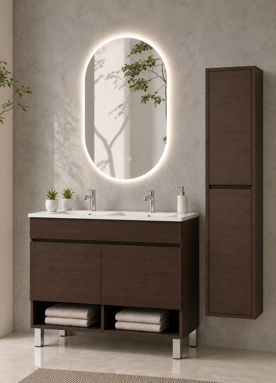 Szafka łazienkowa na nóżkach z umywalką ORIGENBATH NEBARI na nóżkach z drzwiami z kolumną 120x45 cm podwójna umywalka jesion tea z kolumną