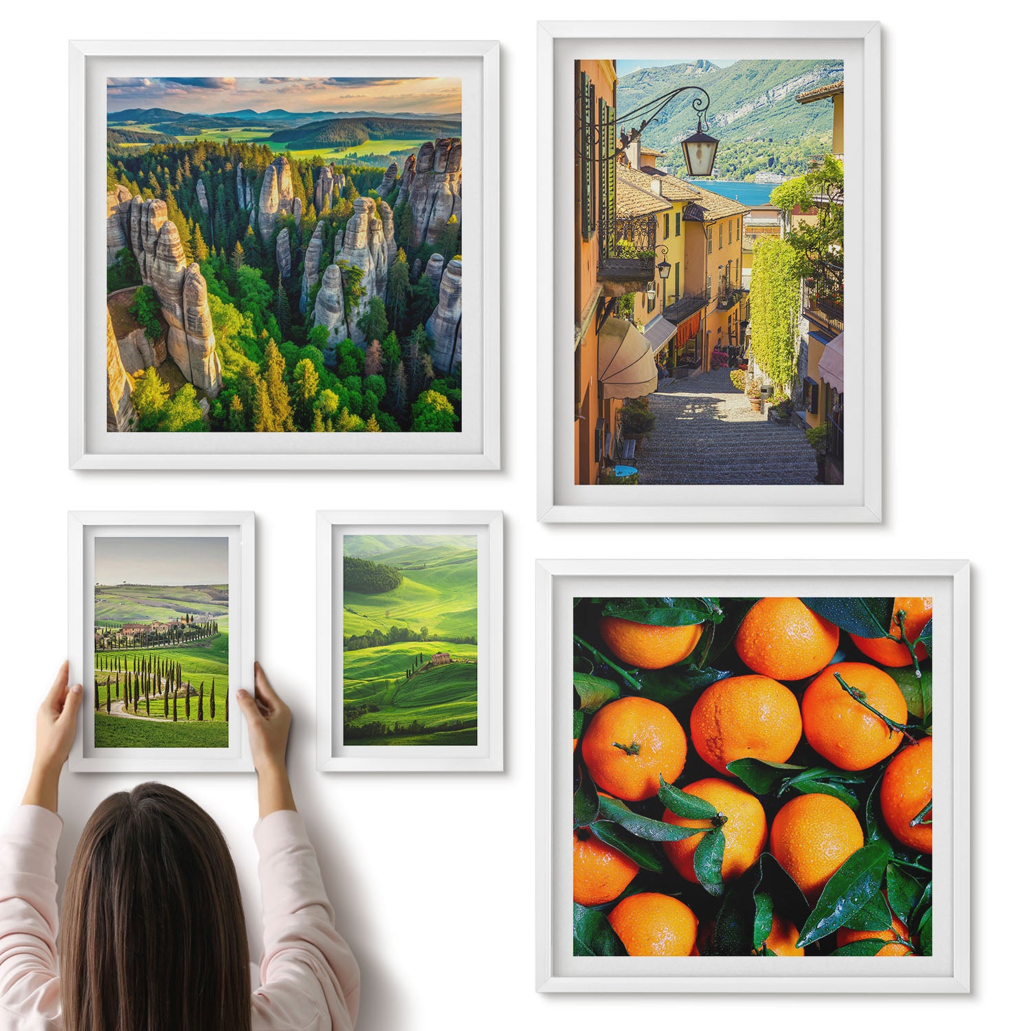 Galeria ścienna 5-częściowy komplet obrazów w białych ramach - Urokliwe krajobrazy wiejskie i owocowe inspiracje - ArtPrintCave