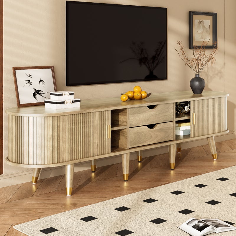Meble pod TV 175x38x45 cm - 2 fronty przesuwne z rattanu - 2 szuflady - Kolor naturalny