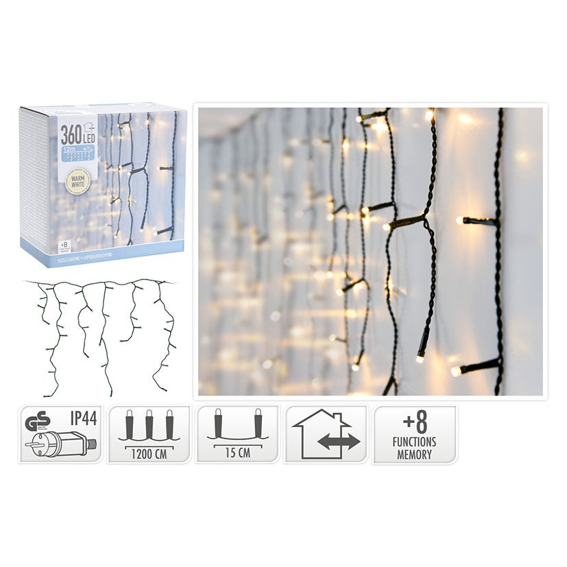 Lampki choinkowe kurtyna świetlna wewnątrz i na zewnątrz 360 Led sterownik timer ciepły biały, zielony kabel