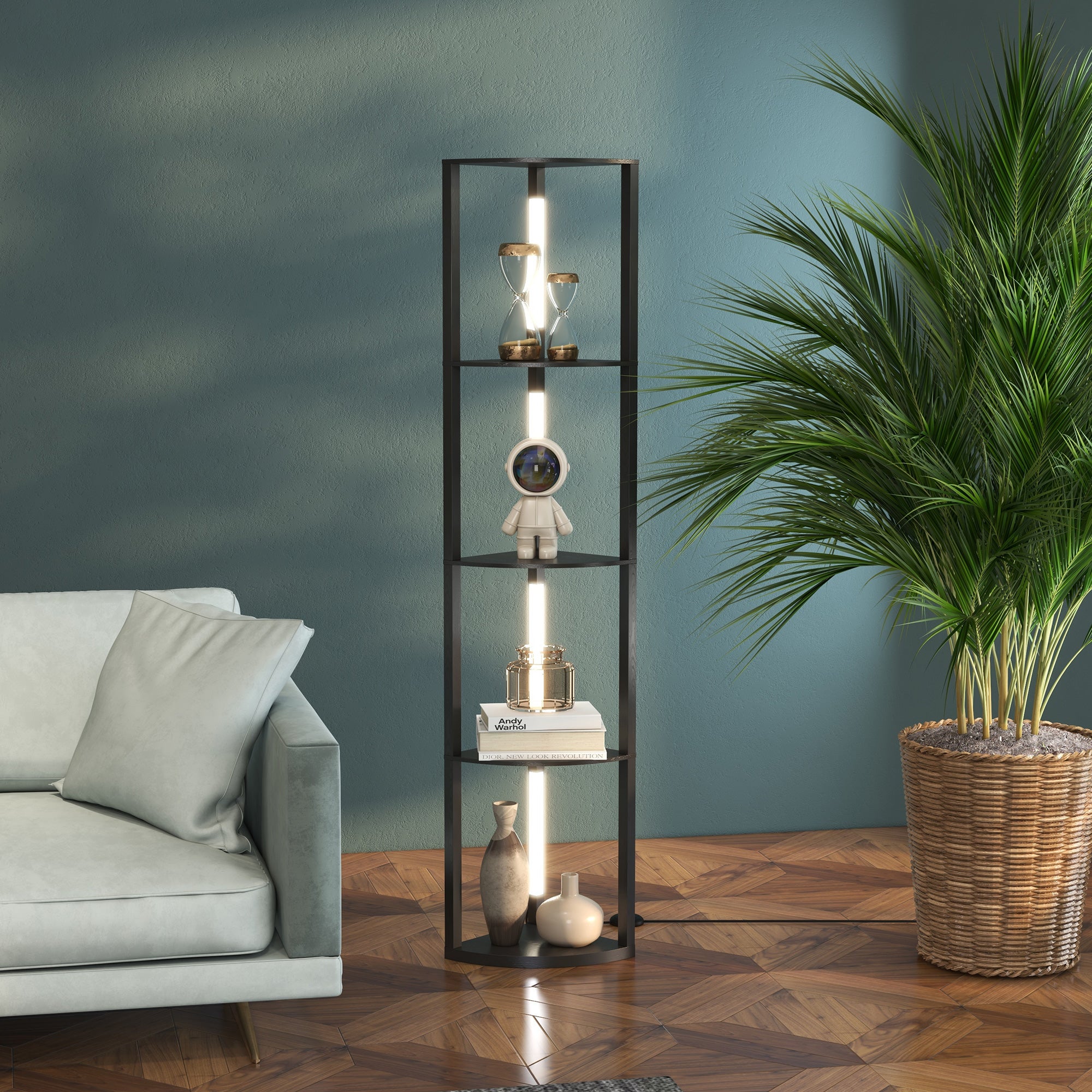 Lampa podłogowa kolumnowa MDF z 4 półkami i oświetleniem LED 3000K, 41 x 29,5 x 163,5 cm, czarna