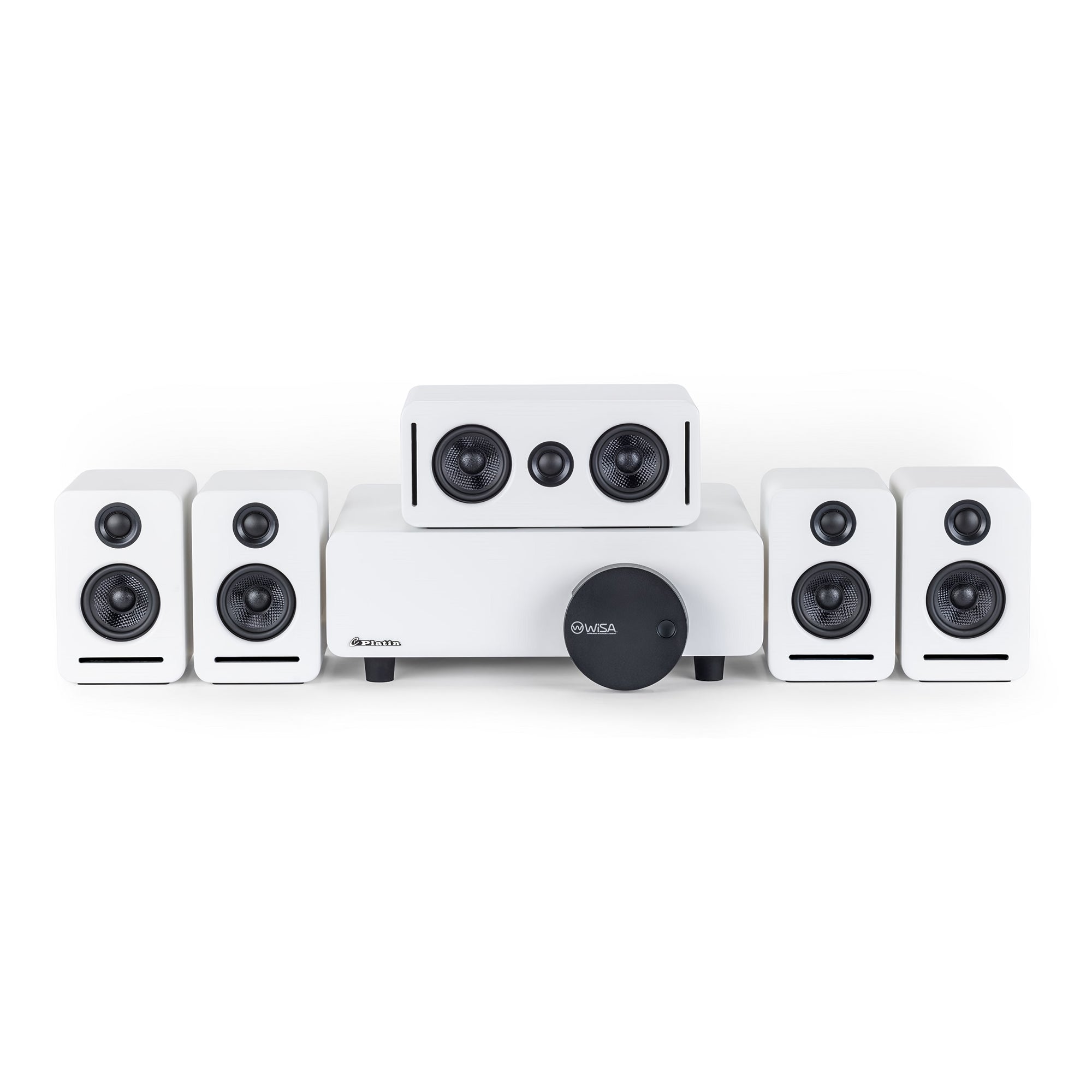 Bezprzewodowy system kina domowego 5.1 Dolby Atmos (biały) – zestaw surround Monaco, krótki czas oczekiwania WISA zapewniający poprawę dźwięku
