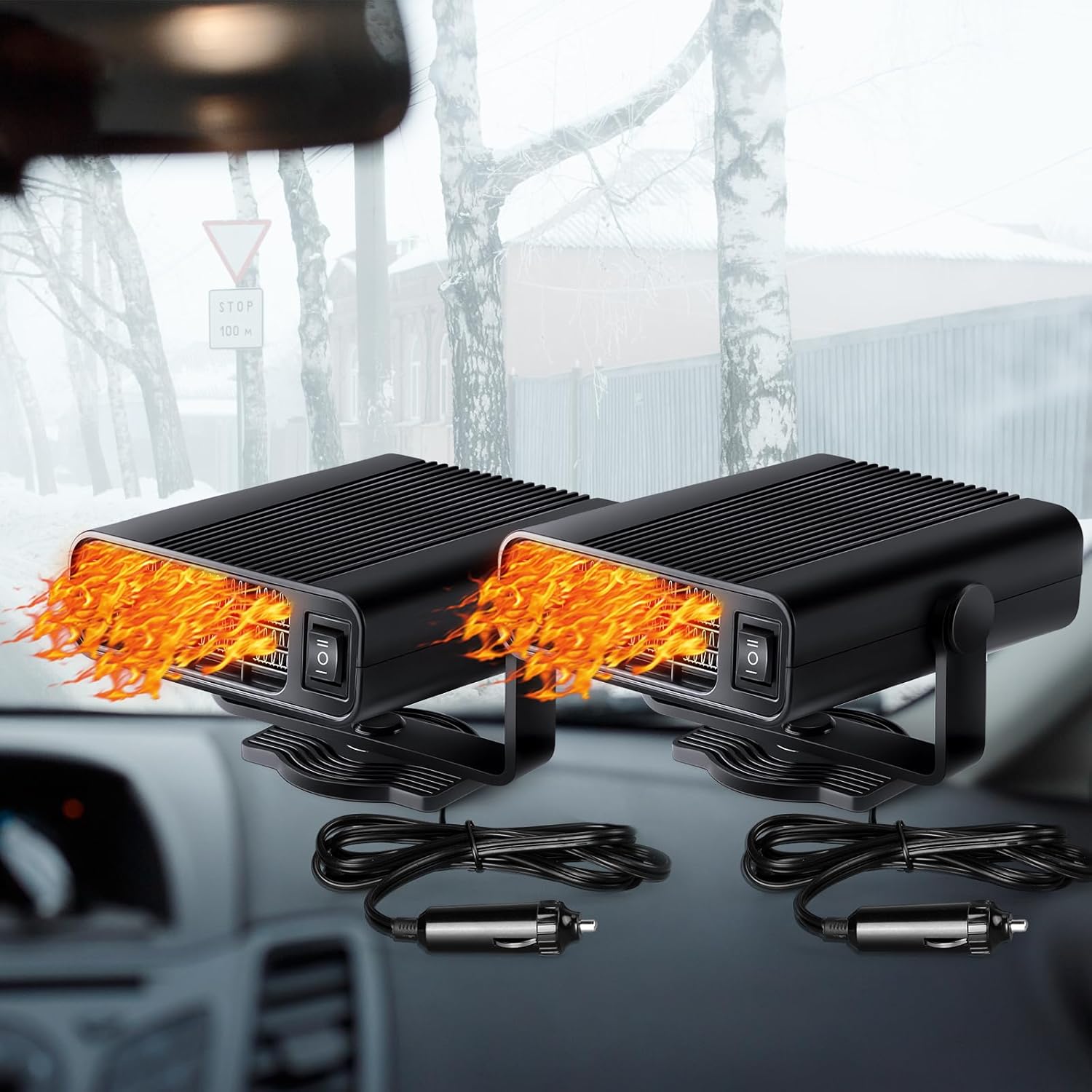 Zestaw 2 przenośnych odmrażaczy do szyb 12 V 150 W z gniazdem zapalniczki i możliwością obrotu o 360° (czarny)