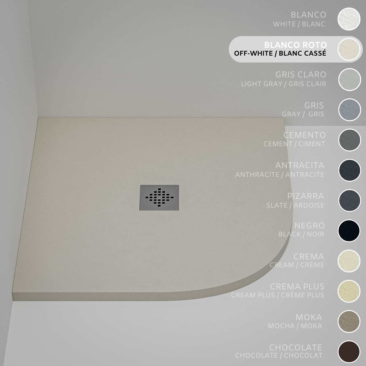 Brodzik półokrągły SOULHOME Żywica i Konglomerat Mineralny Antypoślizgowy 80x80 cm Brudna Biel - Kratka Inox