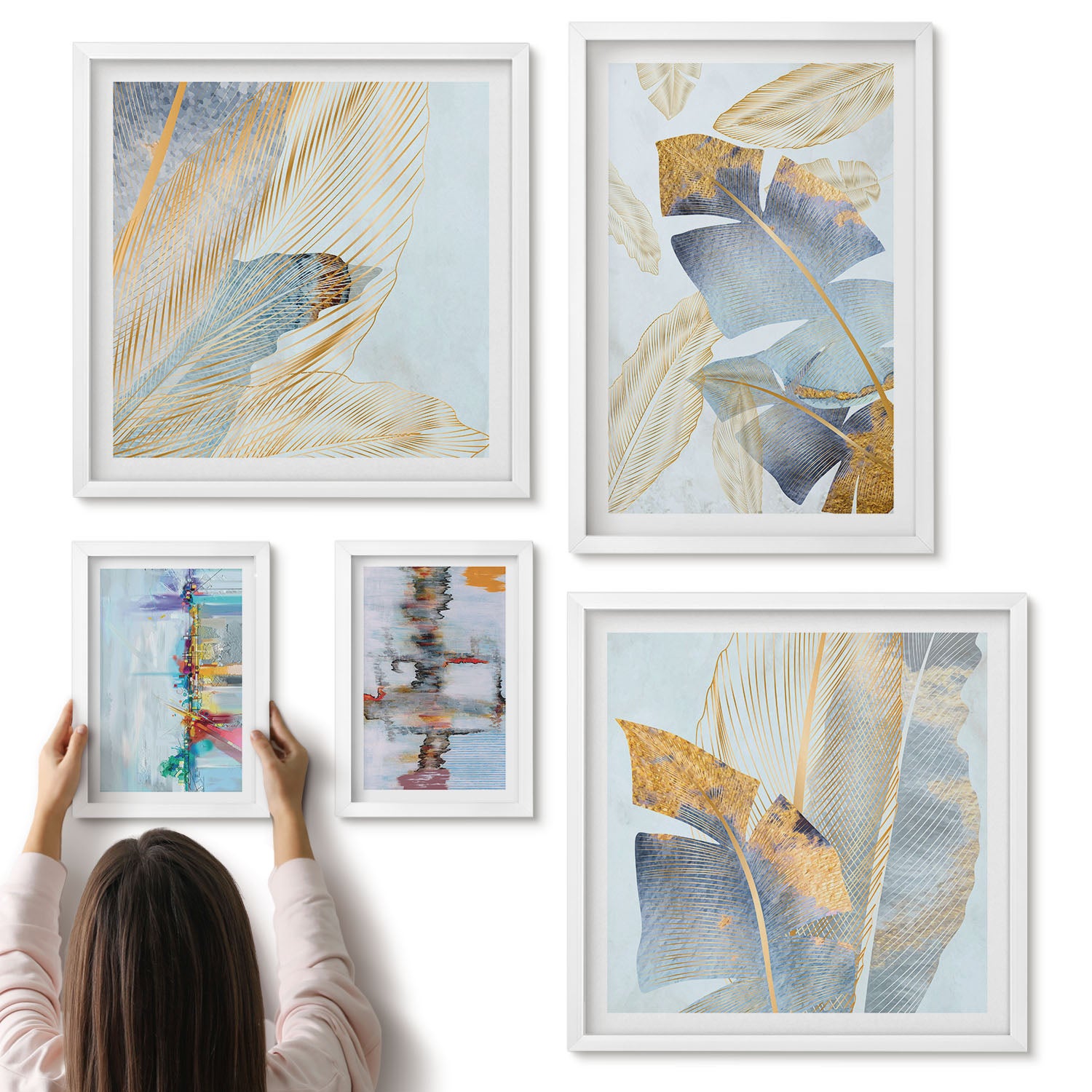 Galeria ścienna 5-częściowy komplet obrazów w białych ramach - Roślinne motywy z nowoczesnymi akcentami artystycznymi - ArtPrintCave