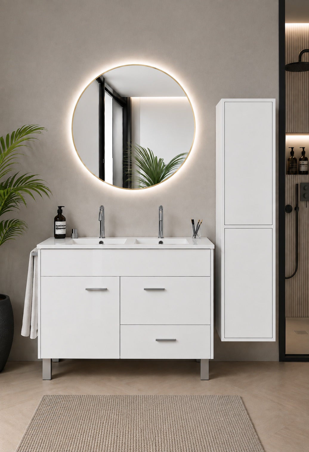 Szafka łazienkowa z umywalką ORIGENBATH SAMOS bez lustra 120x45 cm podwójna umywalka biały z kolumną
