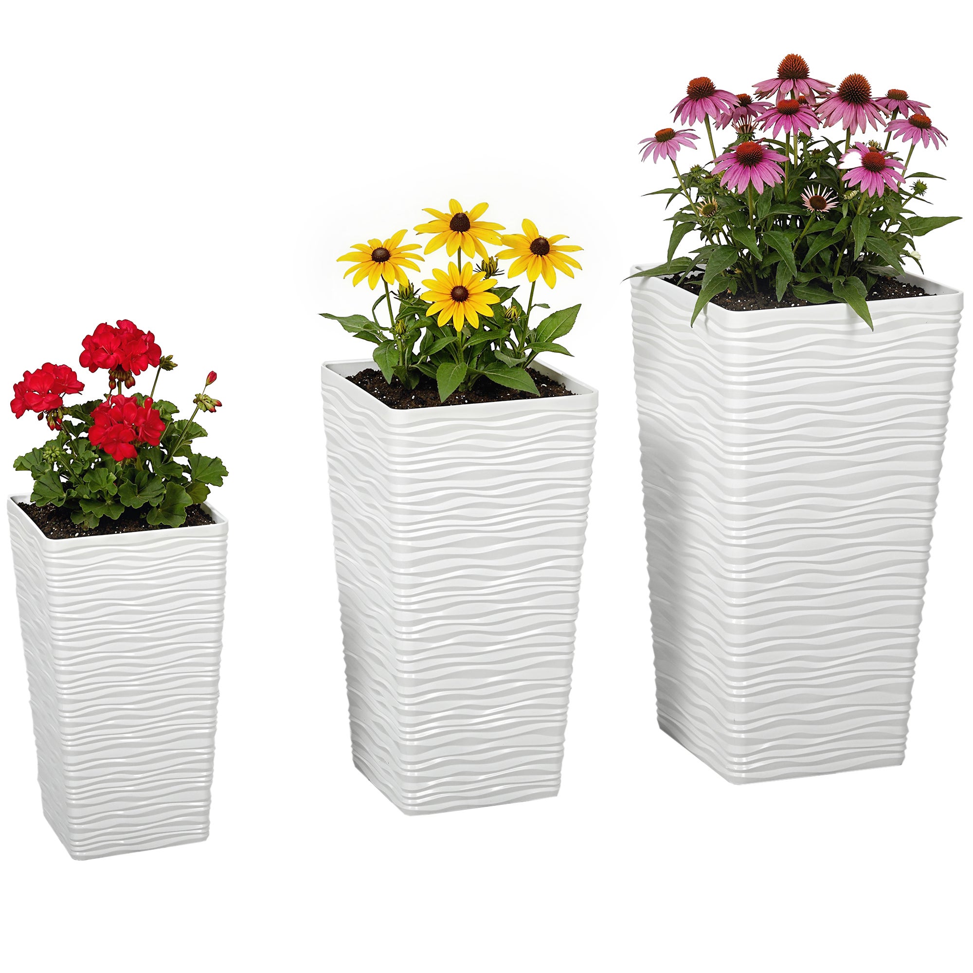 Zestaw 3 sztaplowane zewnętrzny Tworzywo Donice z Wavy Pattern, 42/55/65 cm, Biały