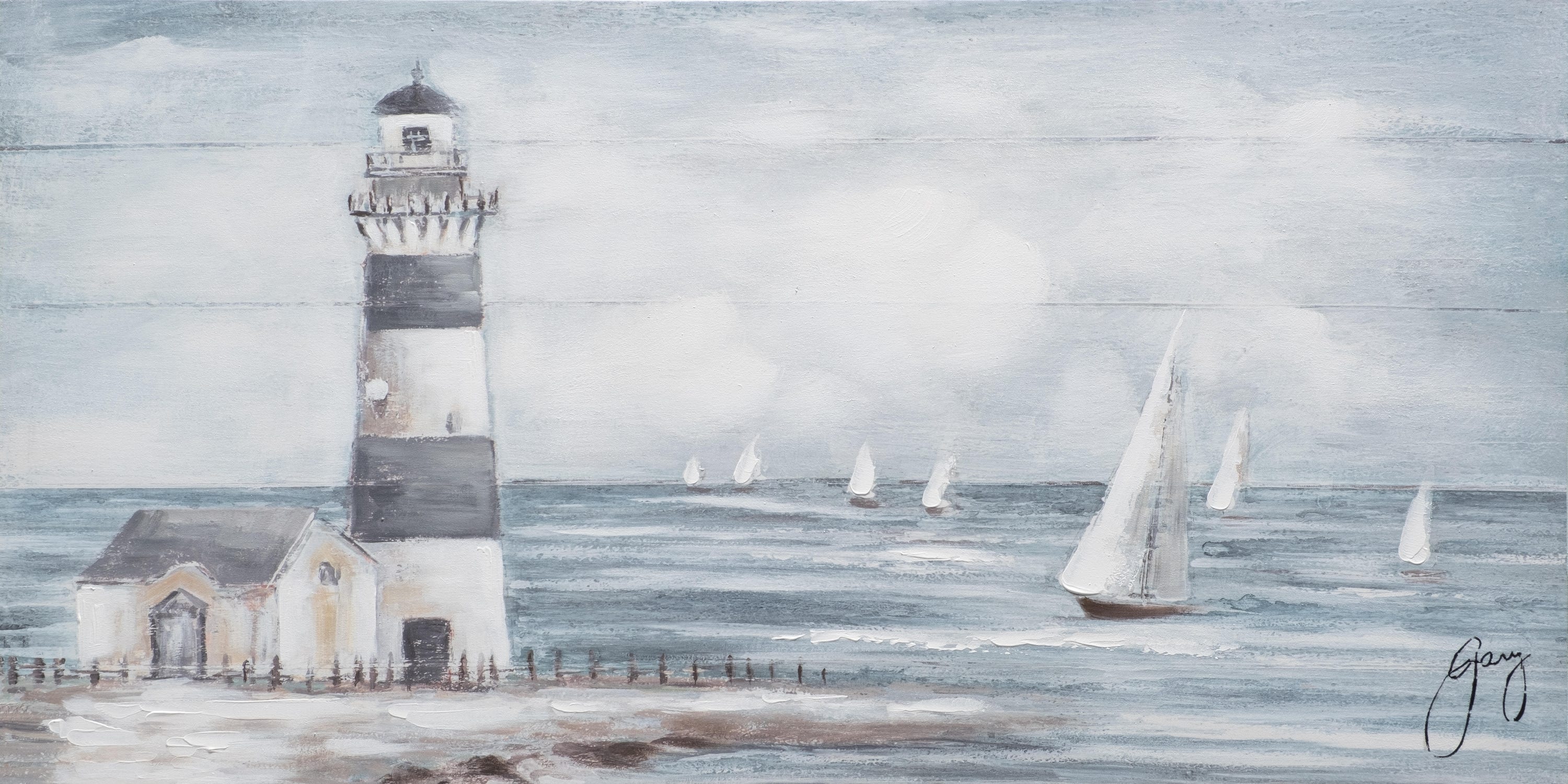 Obraz bez ramy Morze prostokątny 120 x 60 cm. Płótno Latarnia morska Żagle niebieski
