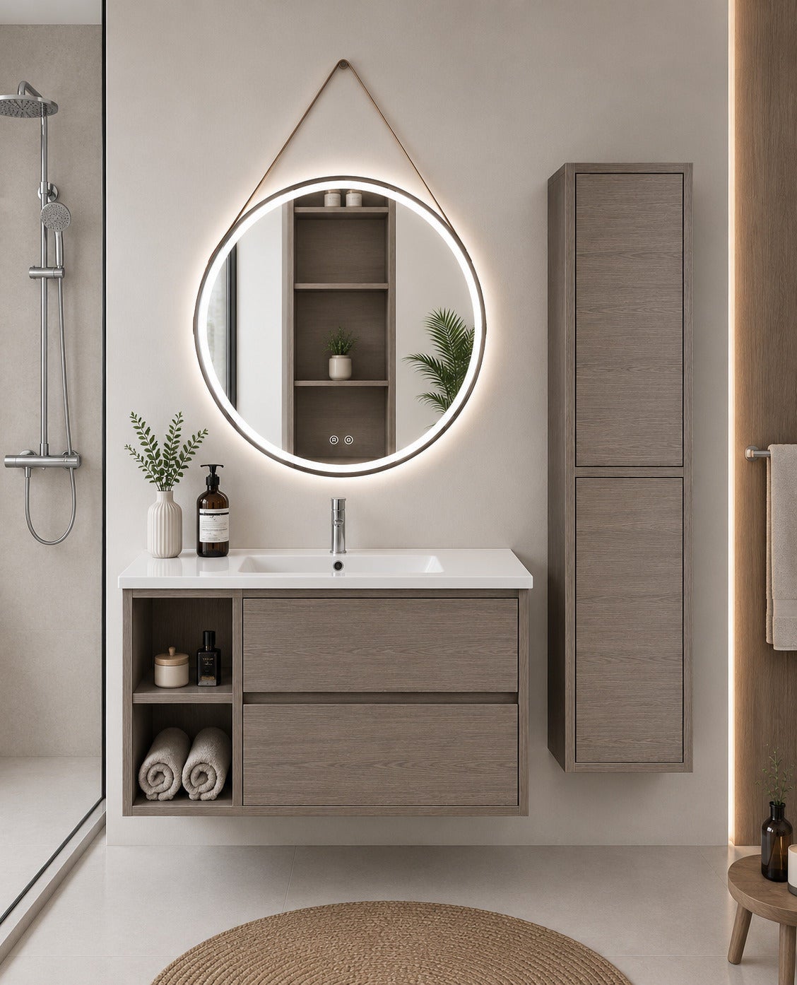Szafka łazienkowa z umywalką ORIGENBATH ZEUS bez lustra 70x40 cm Prawa strona dąb smoky z kolumną