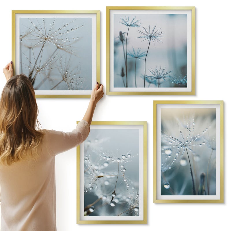 Galeria ścienna 4-częściowy komplet obrazów w złotych ramach - Krople rosy na delikatnych dmuchawcach - ArtPrintCave