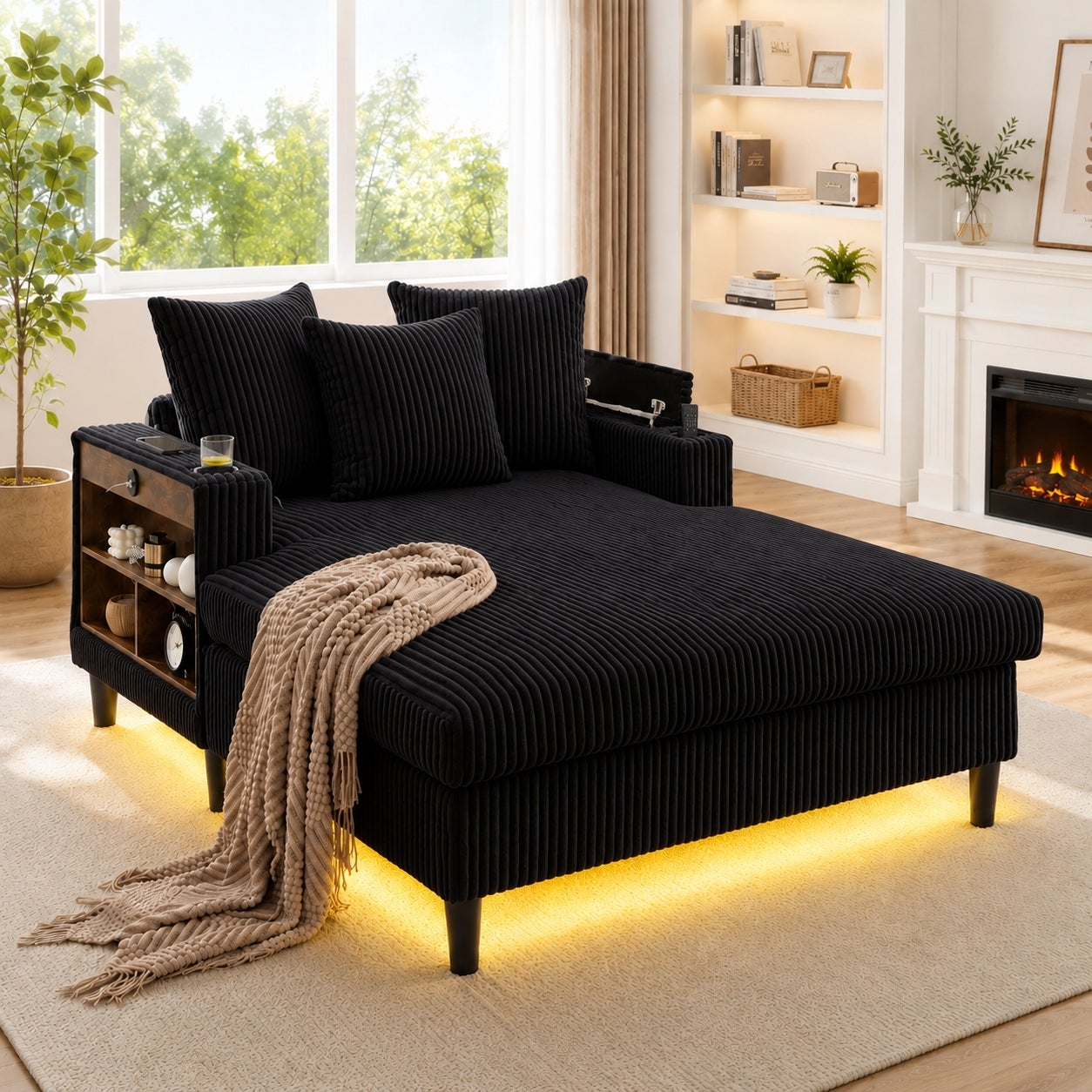 Chaiselongue Cord Sofa Lounge Wielofunkcyjna z LED, Schowkiem, Portem USB i Uchwytami na Kubki do Salonu
