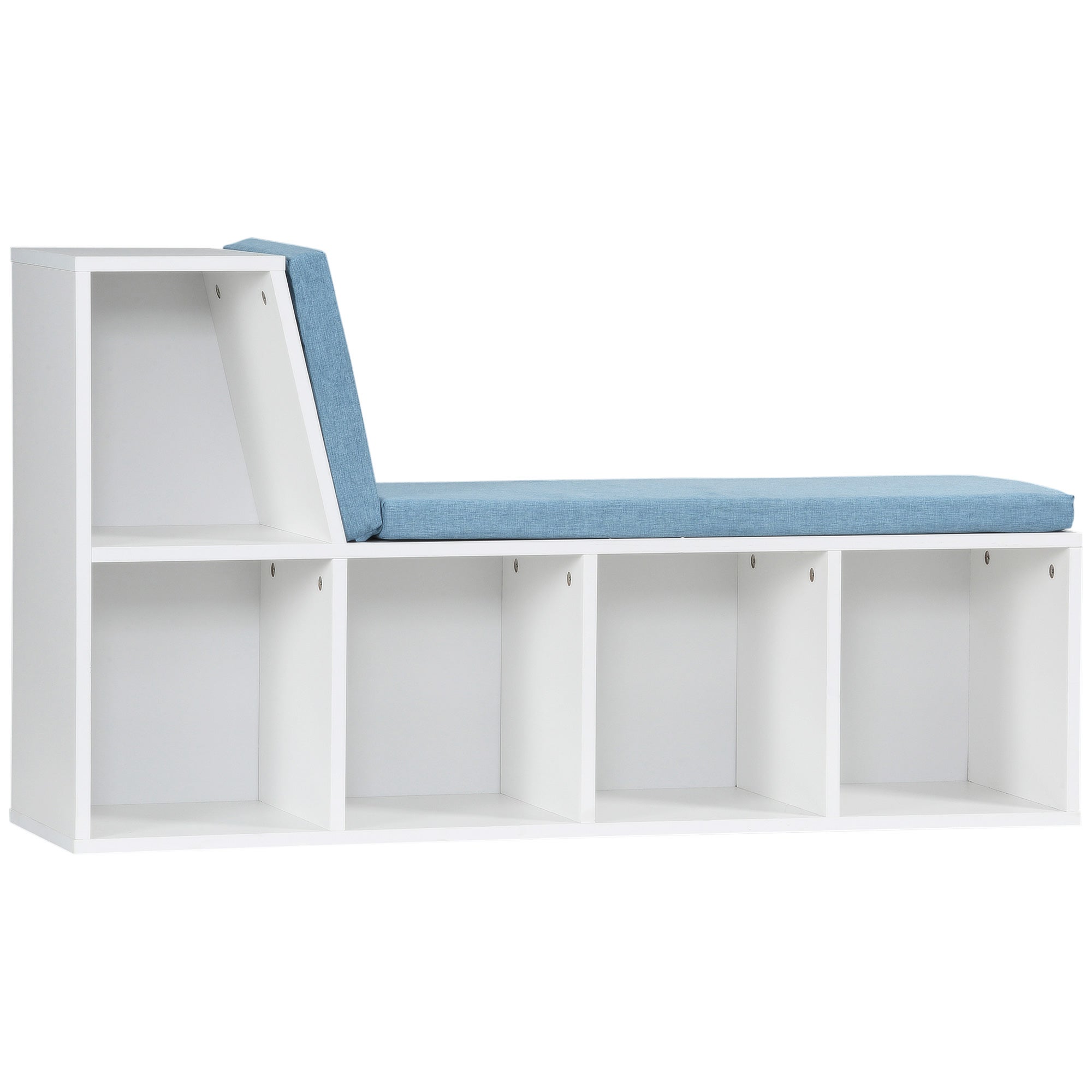 Ławka biblioteczna 2 w 1 z 5 przegródkami i 2 poduszkami 108 x 30 x 60 cm biało-niebieska