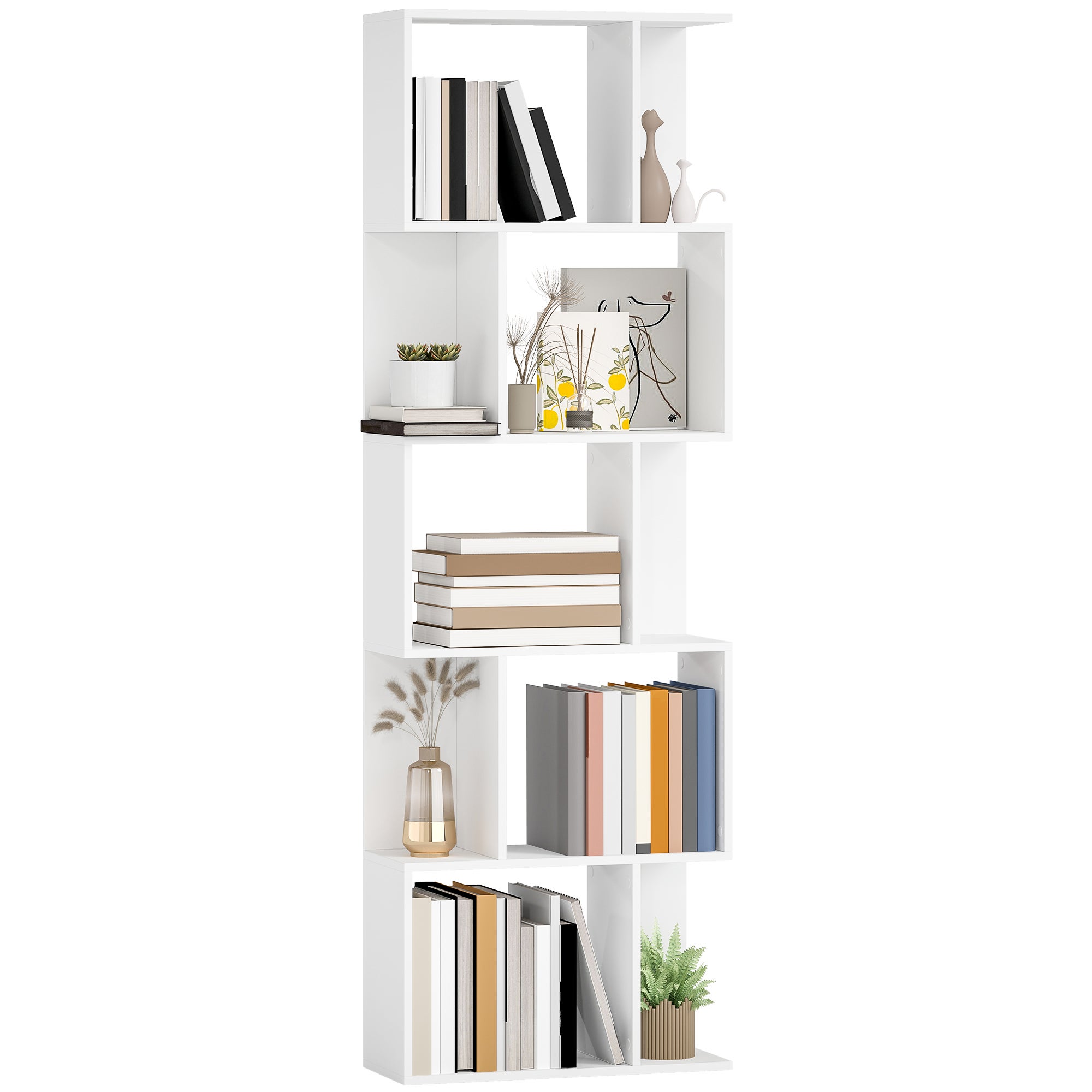 Regał biblioteczny w kształcie litery S, 5-poziomowy, 10 półek, do sypialni, biura, 60 x 24 x 184,5 cm, biały