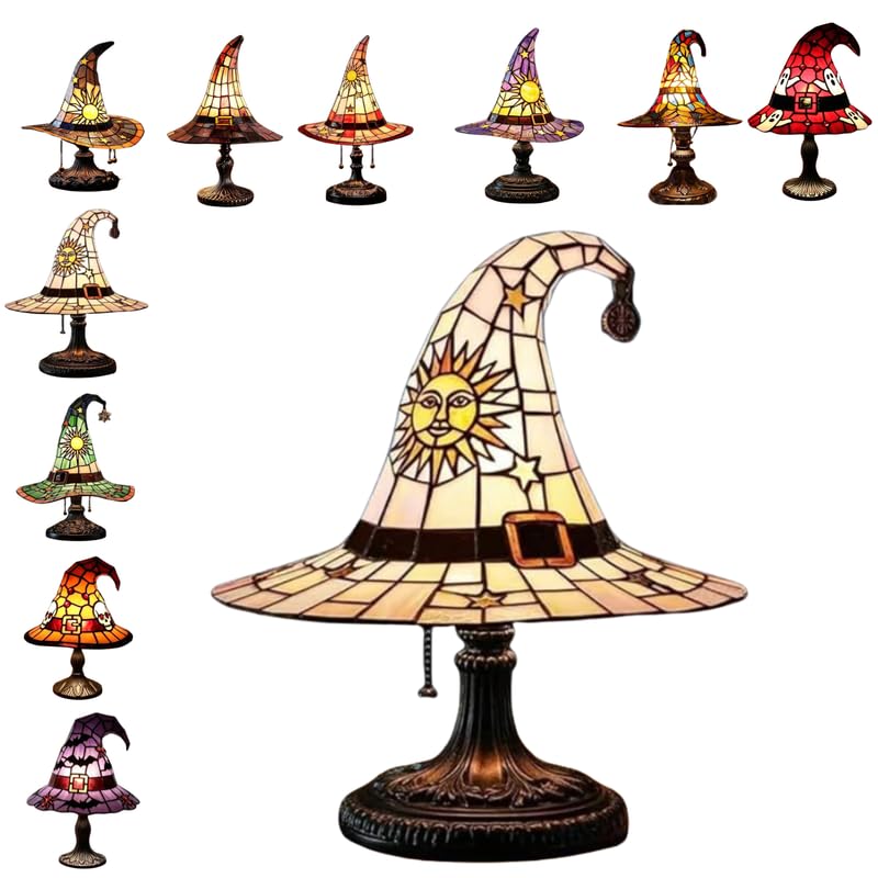 Lampa witrażowa kapelusz czarownicy vintage Halloween 7", USB, lampka nocna do sypialni/półki na książki