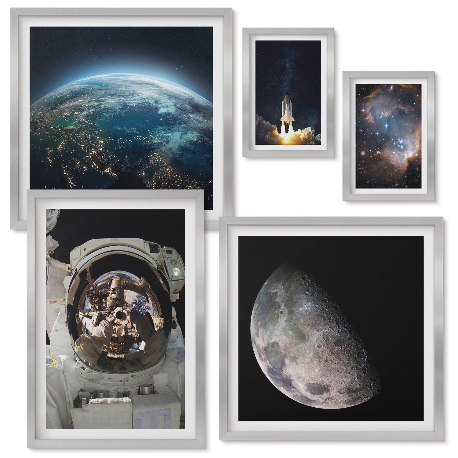 Zestaw obrazów w ramie - 5 części | Kosmiczne odkrycia widoki z astronautą i planetami | Srebrna ramka