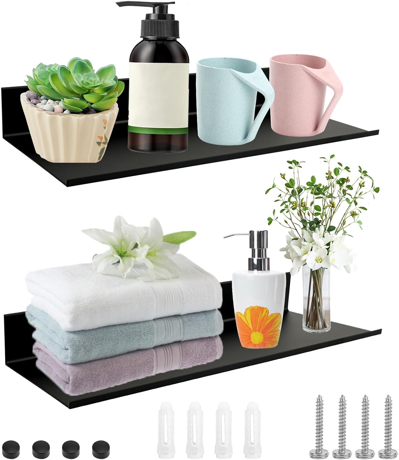 2 SZT. Półki ścienne metalowe, 30 * 12 * 4 cm Półka pływająca aluminiowa, Półka pływająca prostokątna do łazienki, salonu, sypialni (czarna)