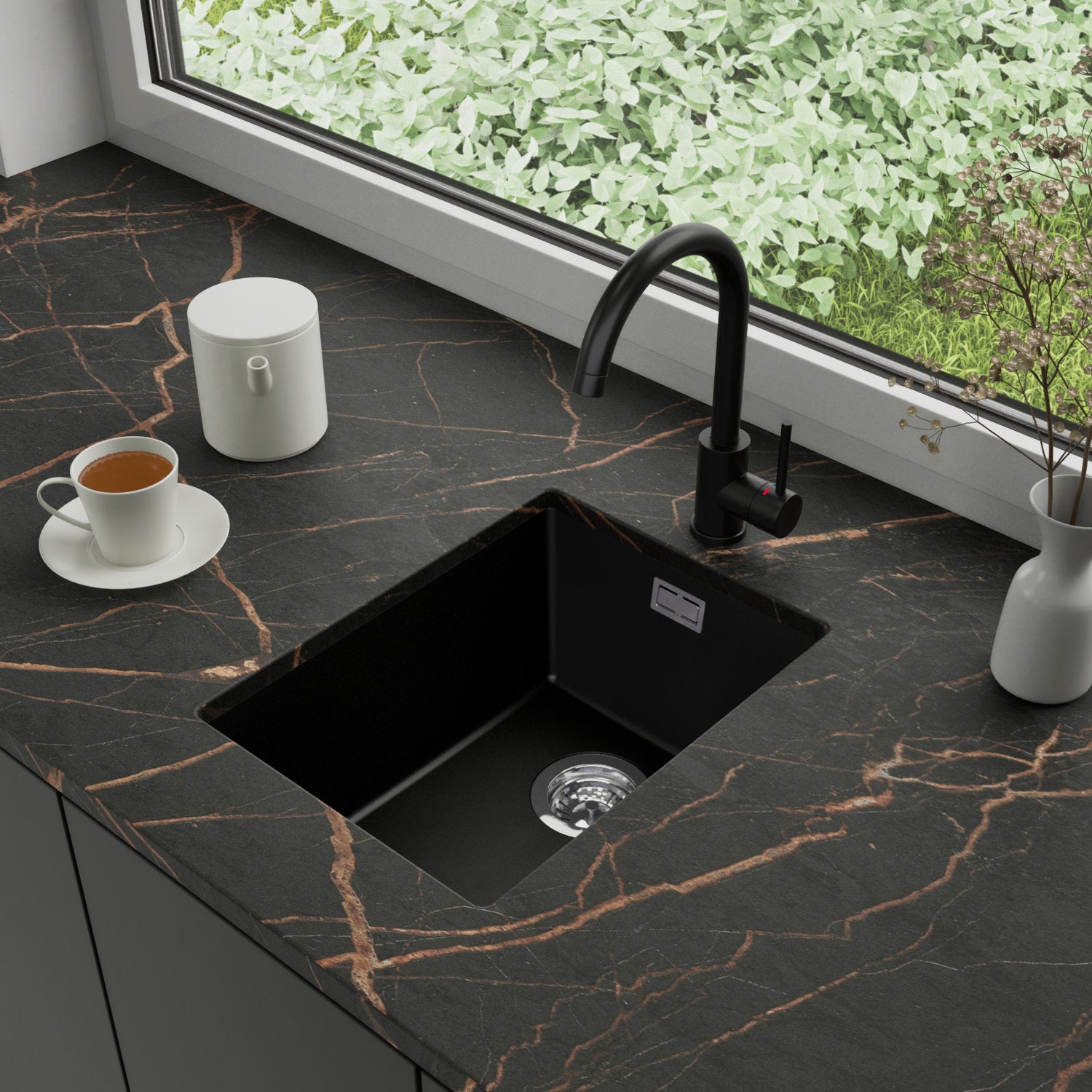 Zlewozmywak podblatowy 36x47cm, do szafki od 40cm + Bateria + Syfon - Agate Czarny STONESTYLE