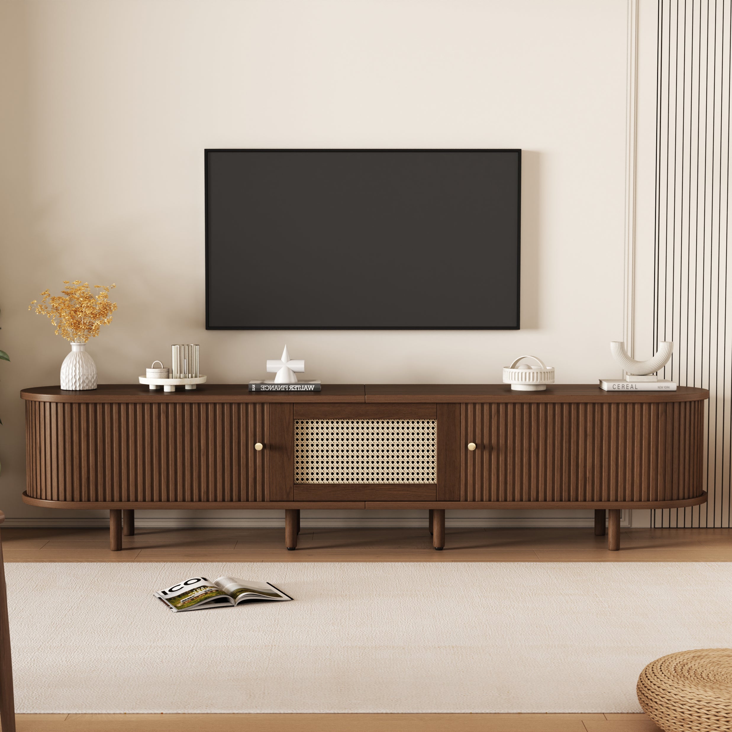Owalna szafka RTV z ciemnego orzecha, wzór rattanu - konstrukcja z płyty MDF 180 cm, regulowane nóżki, nośność 30 kg, szafka RTV