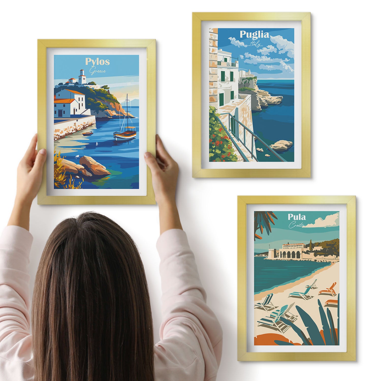 Galeria ścienna 3-częściowy komplet obrazów w złotych ramach - Malownicze krajobrazy nadmorskie z turystycznych krajów - ArtPrintCave
