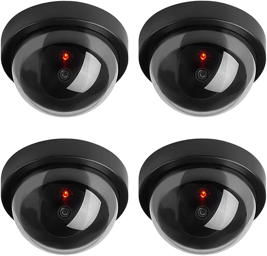 4 x Czarna kopuła, atrapa kamery CCTV, wodoodporna, migająca dioda IR z czerwonym światłem, do monitoringu wewnątrz i na zewnątrz