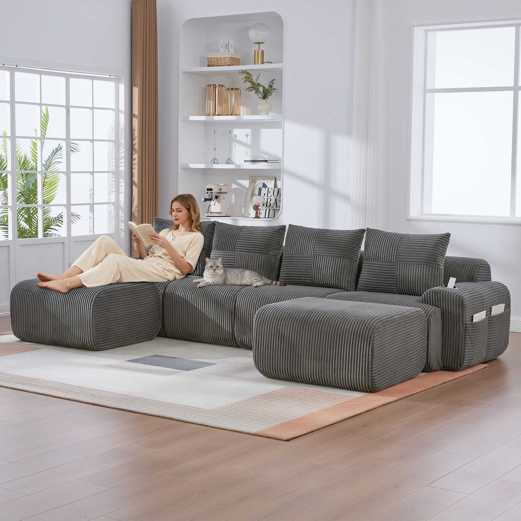 Sofa 333 x 174 x 80cm, welur, do salonu, do codziennego użytkowania, funkcjonalny element wyposażenia