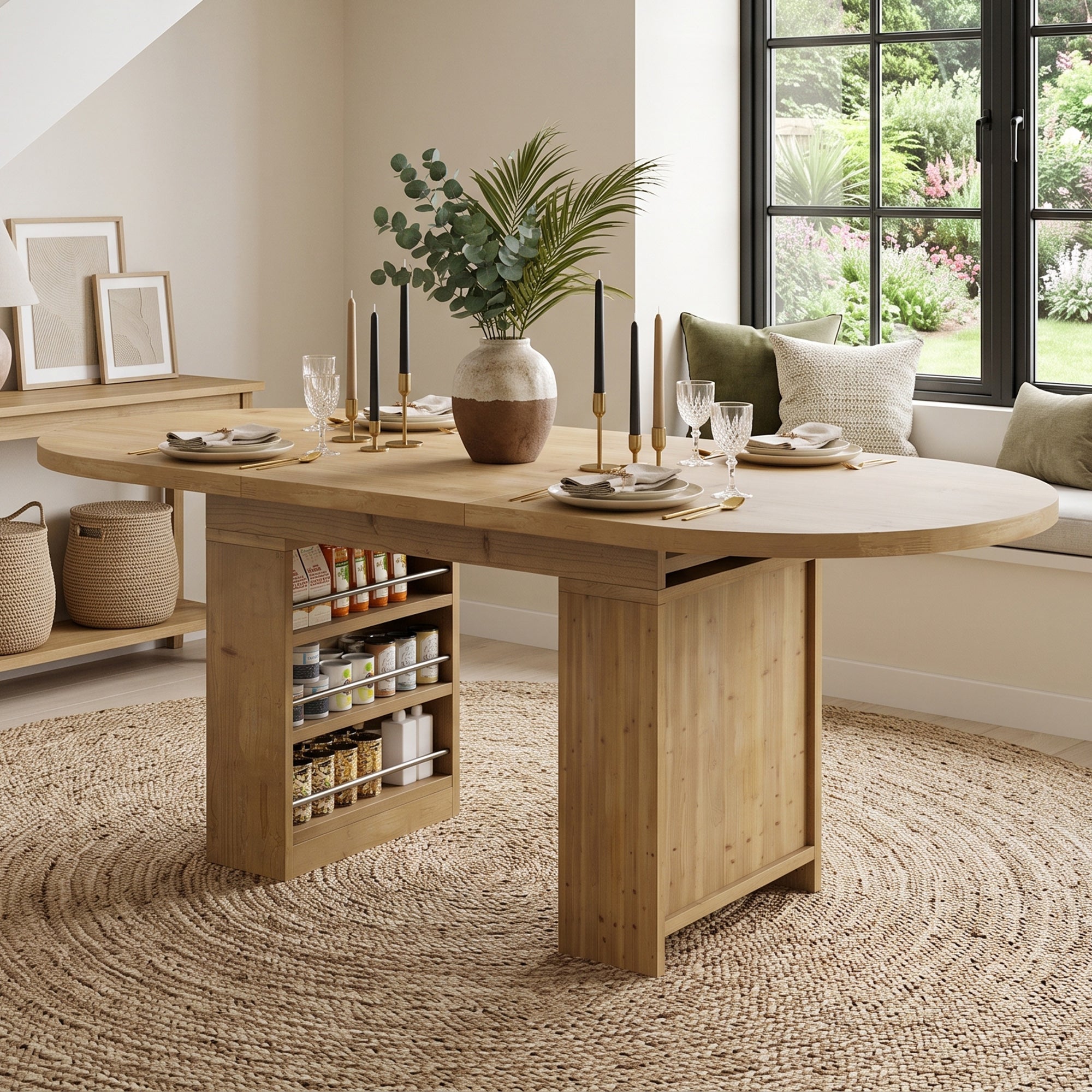 Stół jadalniany rozkładany 150/200 cm na 6-8 miejsc z półkami - MDF - 150/200 x 90 x 76 cm - Dąb