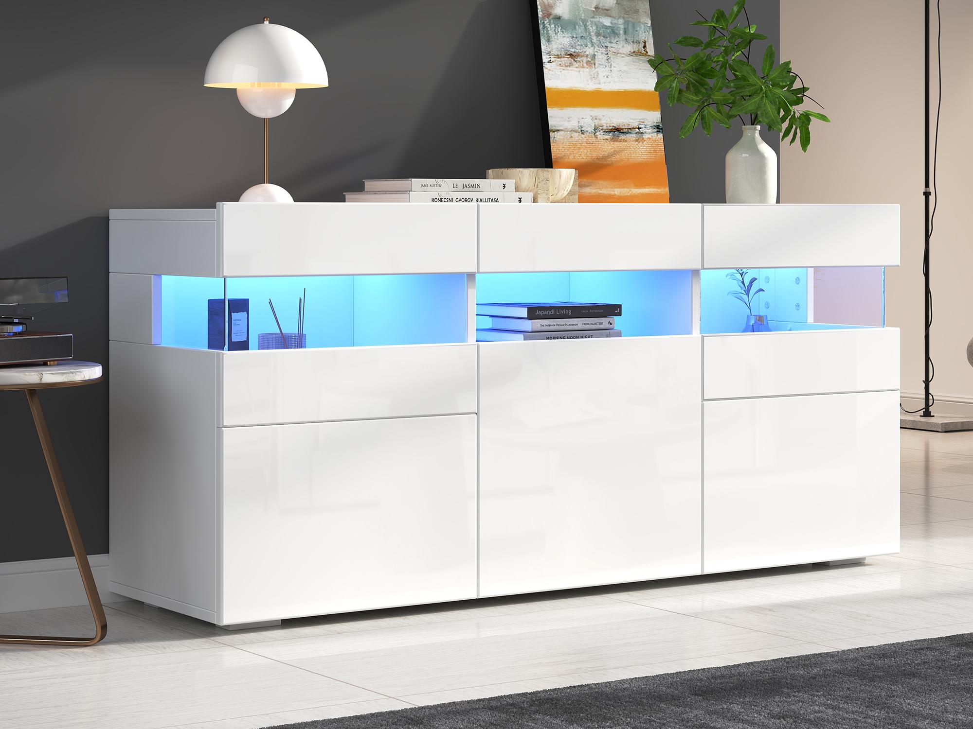 Komoda z połyskiem 140 x 40,5 x 66,5 cm - 3 drzwi - 7 przegródek - z oświetleniem LED - Biały