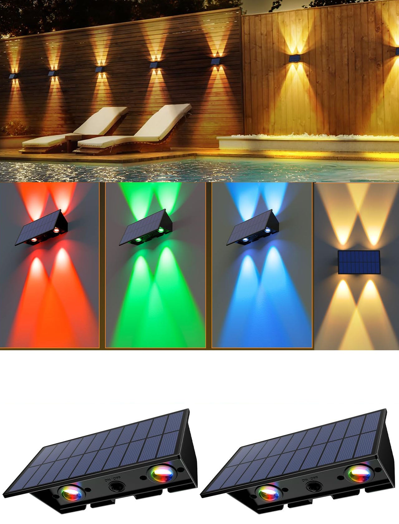 Zestaw 2 lamp solarnych LED, zewnętrzna lampa ścienna zasilana energią słoneczną, wodoodporne dekoracje ogrodowe zewnętrzne, światło słoneczne, RGB