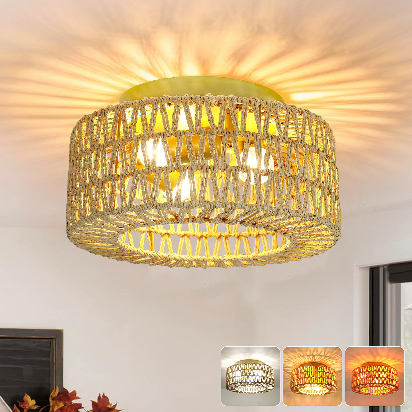 Lampa sufitowa z rattanu, żyrandol w stylu boho, lampa wisząca z żarówką, lampa sufitowa w stylu Wabi-sabi, 3 temperatury barwowe (3000K-6000K)