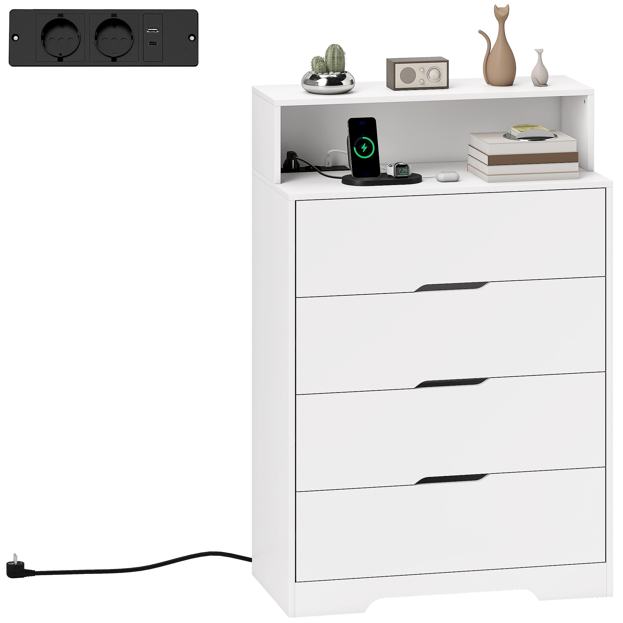 Komoda sypialniana z 4 szufladami, stacją ładującą, portem USB, portem USB-C, otwartą półką, 80 x 40 x 120 cm, biała