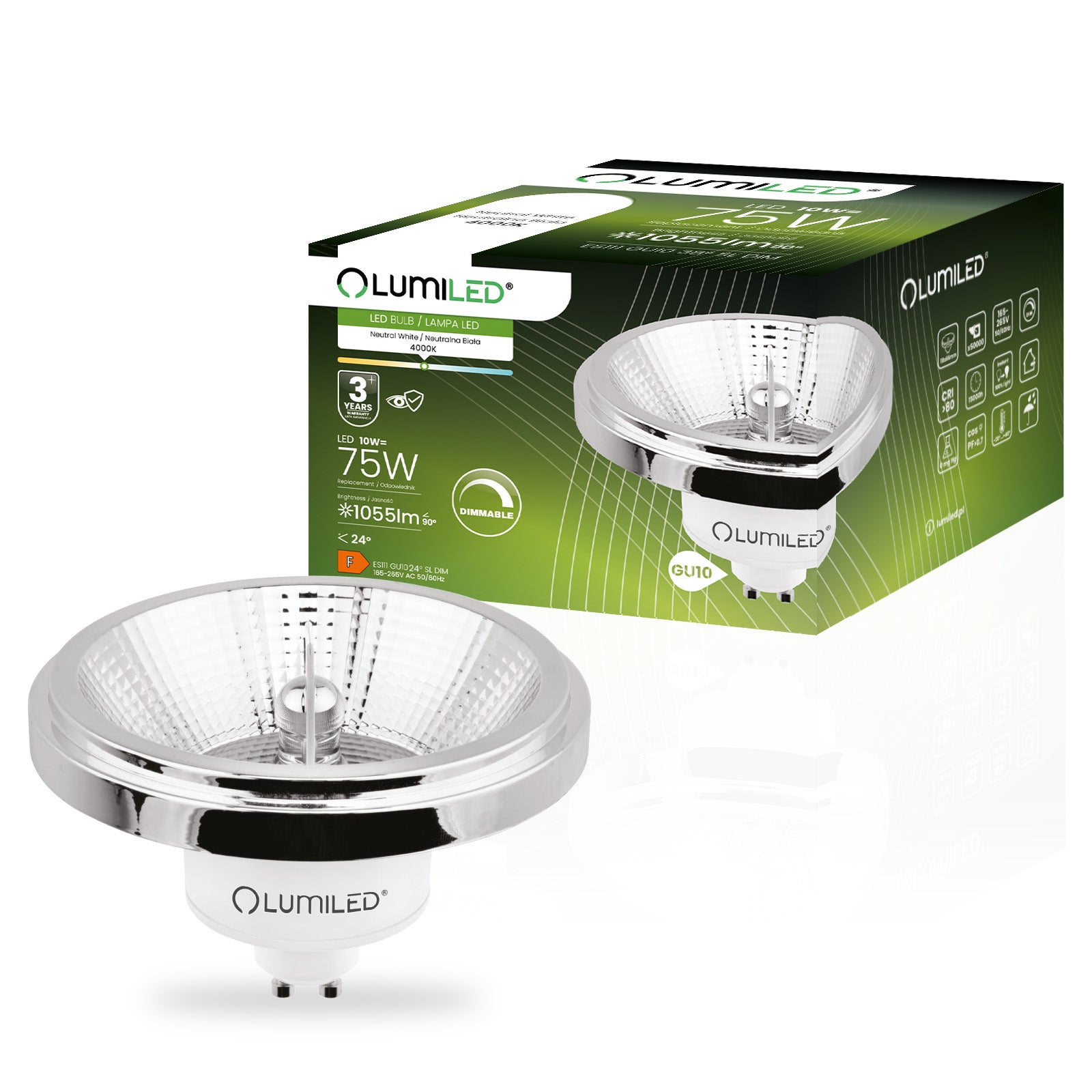 Żarówka LED Lumiled GU10 Reflektor ES111 10W 1055lm 4000K Neutralna biel 24st Ściemnialna Srebrna 1 szt.