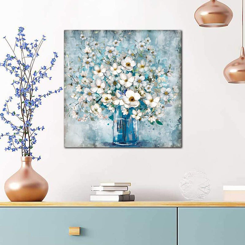 (30 × 30 cm) Wydruk bez ramy, Niebieski wazon z białymi kwiatami, Obraz na płótnie, Salon, Jadalnia, Łazienka, Dekoracja ścienna, Obraz główny, Wisząc