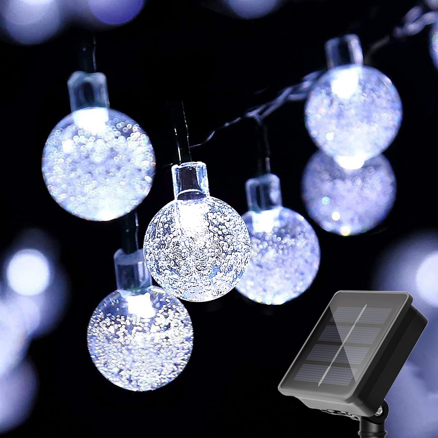 Lampki solarne, małe kule kryształowe, zewnętrzne lampki choinkowe, 200 diod LED, 22 metry, 8 trybów oświetlenia (białe światło)