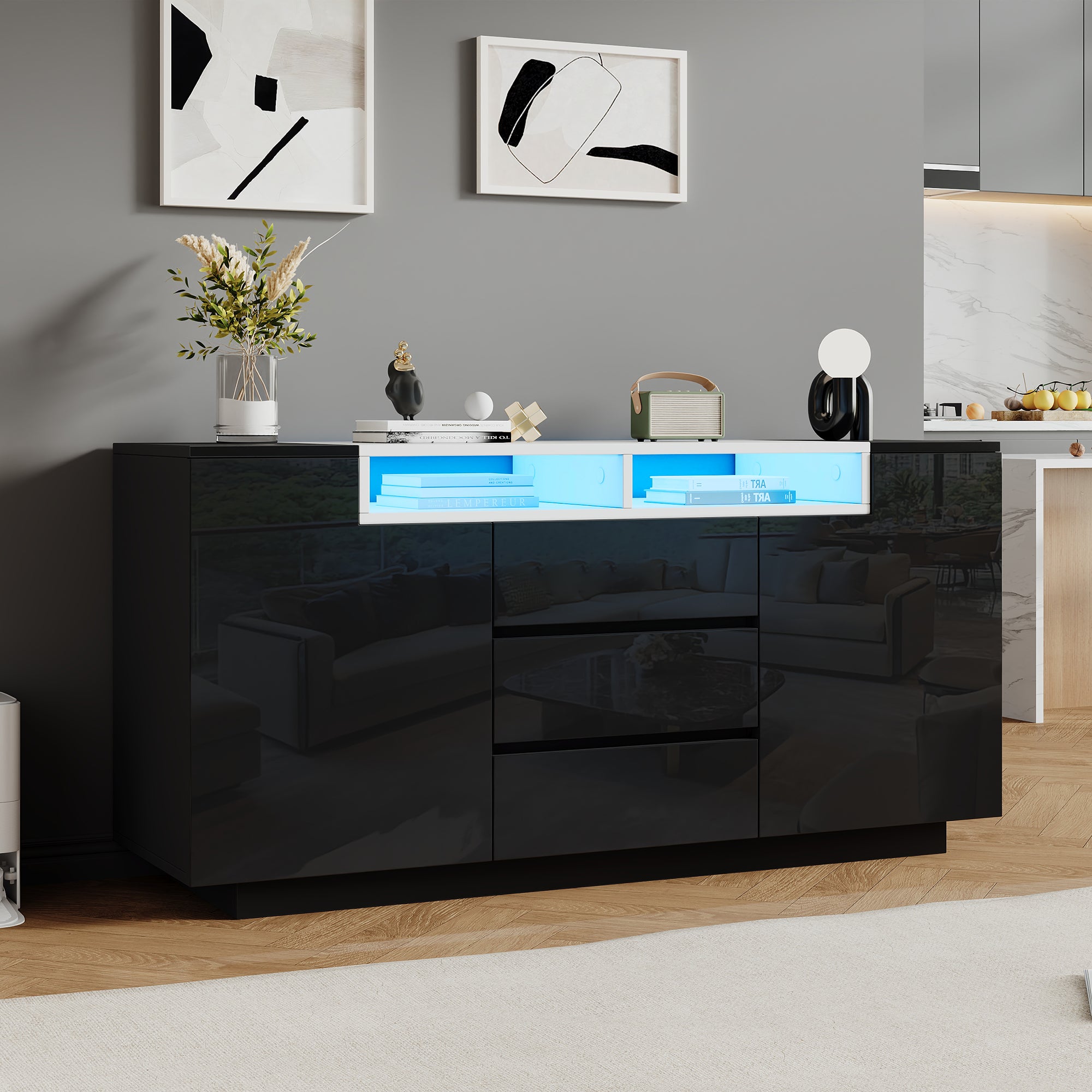 Komoda błyszcząca 140x60x48 cm - z 2 drzwiami w kształcie litery L i 3 szufladami - z oświetleniem LED - regulowane półki - czarna