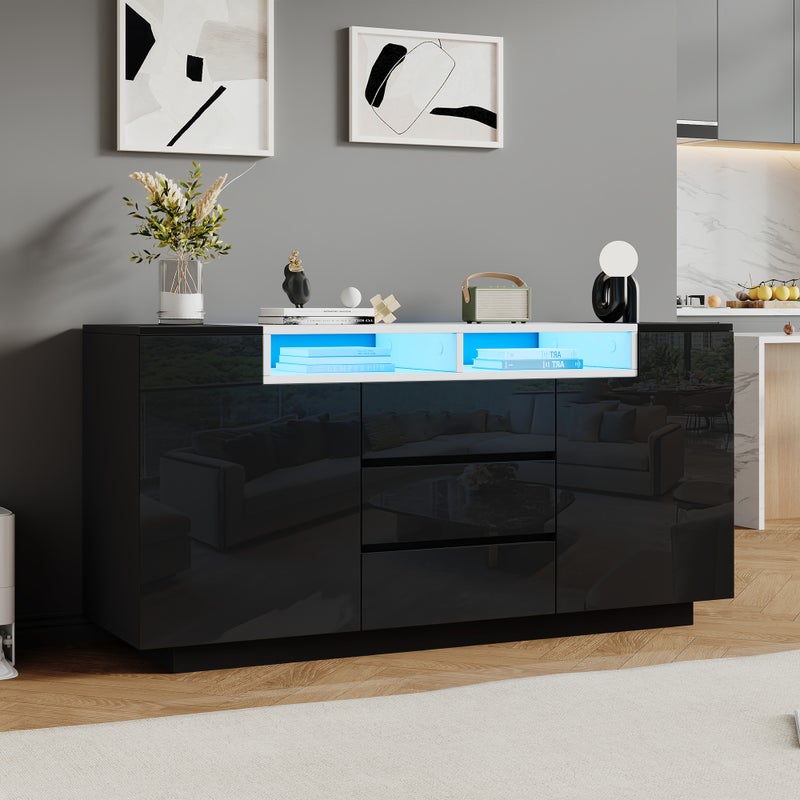 Komoda błyszcząca 140x60x48 cm - z 2 drzwiami w kształcie litery L i 3 szufladami - z oświetleniem LED - regulowane półki - czarna