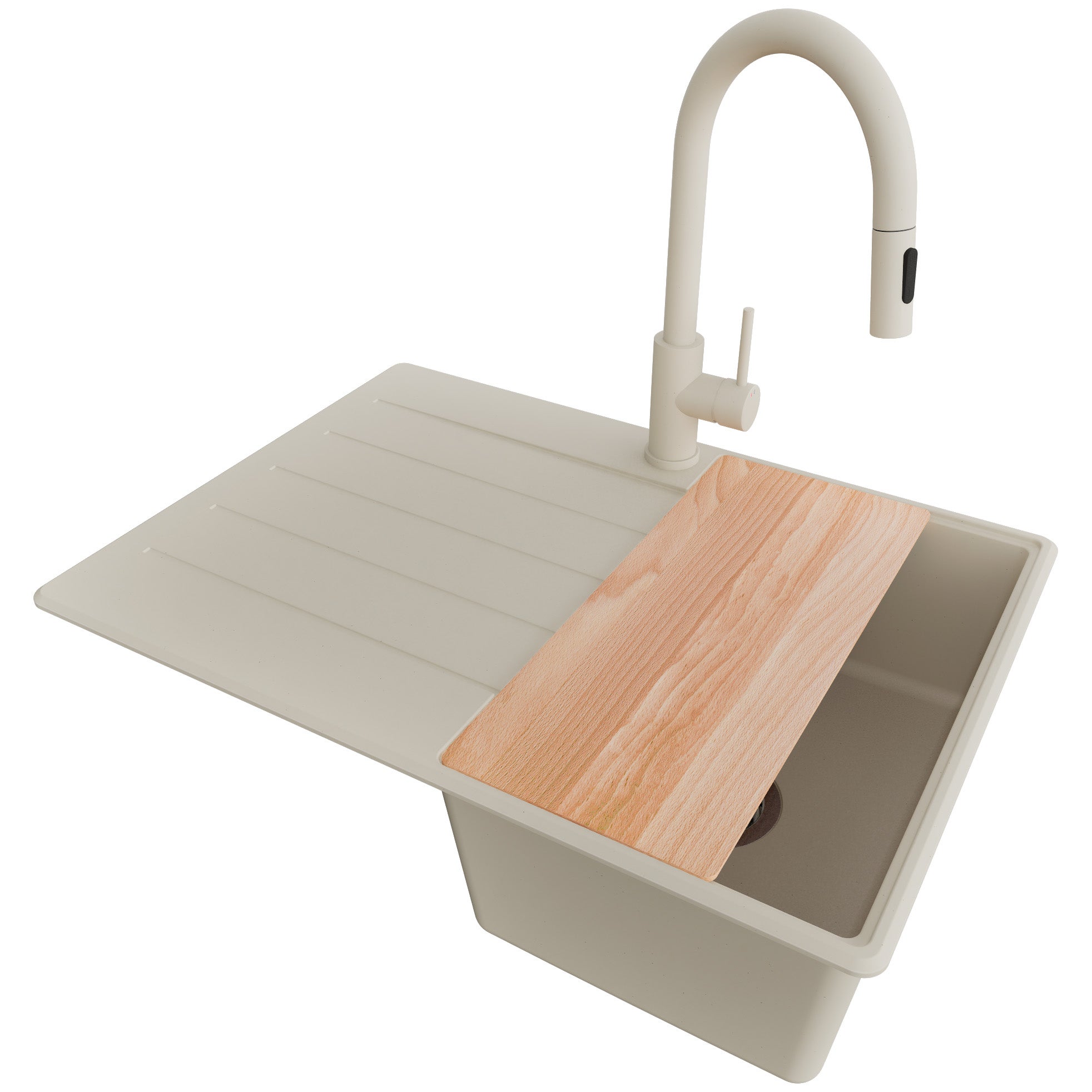 Zlewozmywak Granitowy Beżowy 70x50cm, Zlew Kuchenny 1 Komorowy + Bateria 40x20cm + Syfon + Deska, Nablatowy do szafki od 40cm - Kopenhaga PRIMAGRAN