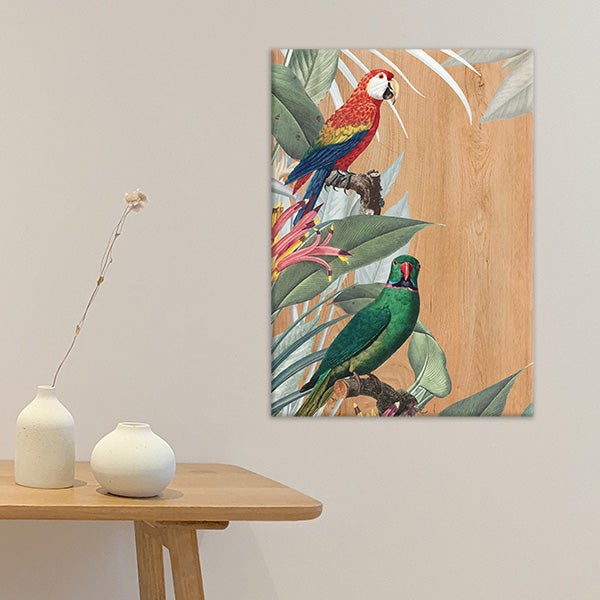 Wydruk na drewnie Czerwone i zielone papugi 30x42