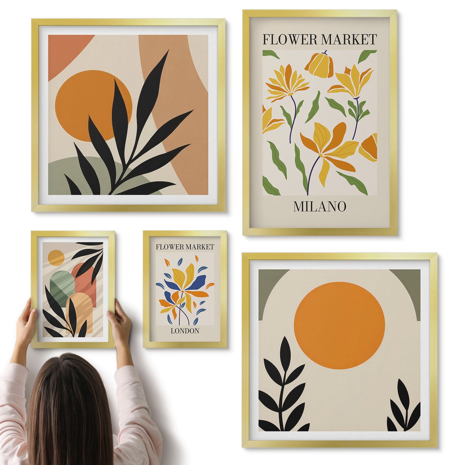 Galeria ścienna 5-częściowy komplet obrazów w złotych ramach - Kwiatowe motywy i abstrakcyjne kompozycje w stylu boho - ArtPrintCave