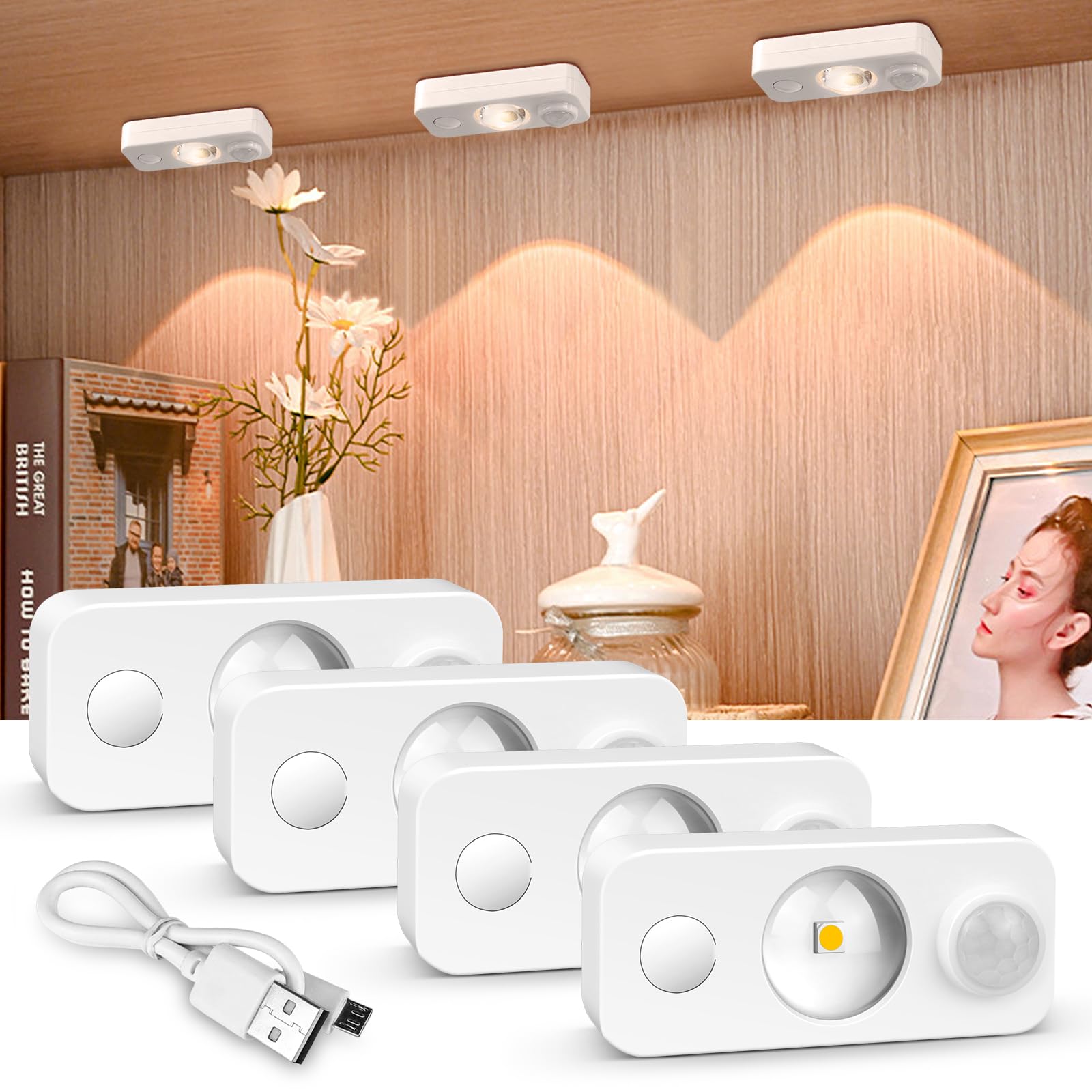 Lampa LED z czujnikiem ruchu akumulatorowa lampa do szafki bezprzewodowa lampka nocna LED do szafy szuflady pod szafkę ciepłe światło zestaw szt