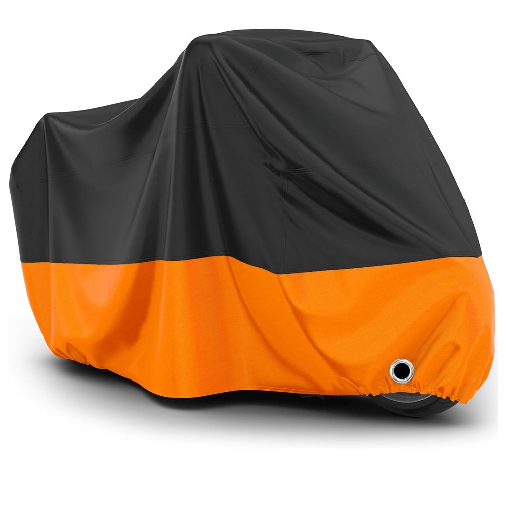 Pokrowiec na motocykl, pyłoszczelny i odporny na promieniowanie UV, z otworem na kłódkę i wiatroszczelną klamrą, 245 x 105 x 125 cm, czarno-pomarańczo