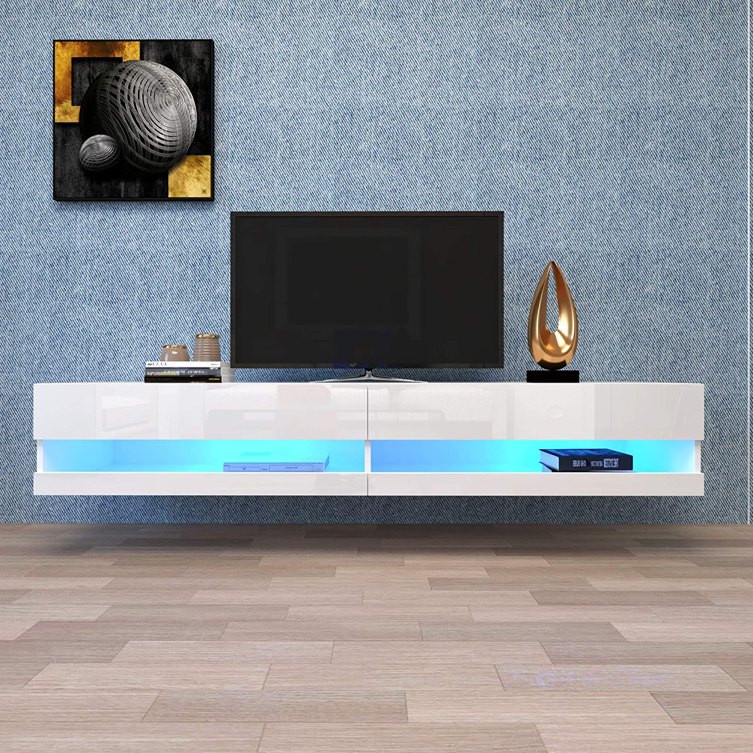 TV-Schrank LED Lowboard - Biały, 140x40x30.5cm, MDF, USB z APP i Pilotem