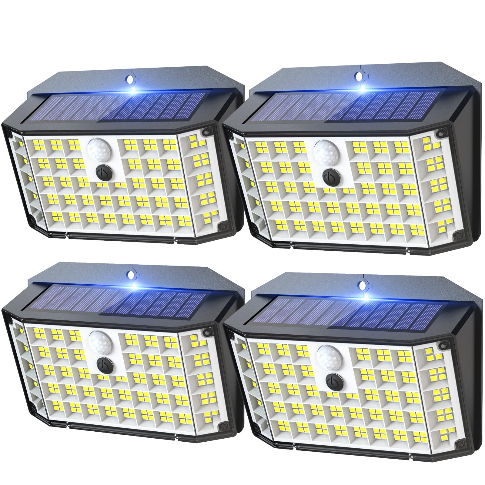 Zewnętrzne lampy solarne, zestaw 4 sztuk, 176 LED z czujnikiem ruchu, wodoodporne kinkiety IP65, 3 tryby (zimne światło)